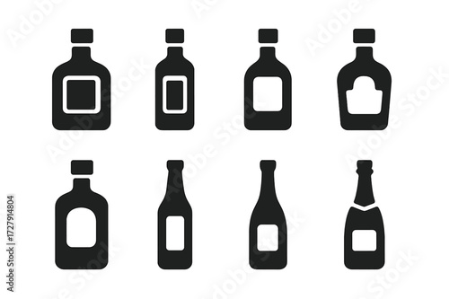 Alcohol Icons Grid. Solid, filled icon set of alcoholic beverages: whiskey bottle, vodka bottle, rum bottle, tequila bottle, gin bottle, beer bottle, wine