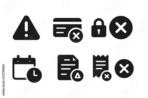 Credit Alert Icons. Solid, filled icon set of credit alert: warning mark, stopped transaction, locked card, declined approval, overdue balance, alert symbol,