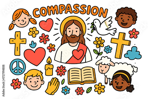 Colorful Compassion Symbols. Compassion. Colorful Hand-drawn doodle Children illustration Jesus, heart, cross, dove, praying hands, smiling faces, halo,