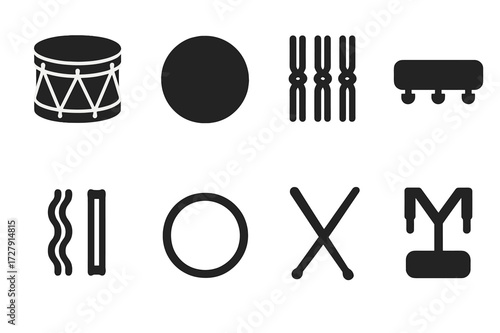 Military Drum Icons. Solid, filled icon set of military drum parts: drum shell, drumhead, tension ropes, lugs, snares, hoops, drumsticks, carrying harness.