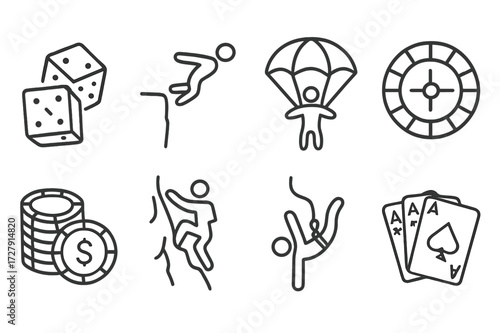 Risk-Taker Icon Set. Outline icon set of risk-taker: dice, cliff diving, parachute jump, roulette wheel, poker chips, mountain climbing, bungee jumping, poker