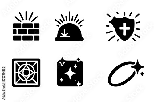 Protective Magic Icons. Solid, filled icon set of protective light magic: barrier of light, radiant dome, shining bubble, divine shield, glyph wall, glowing