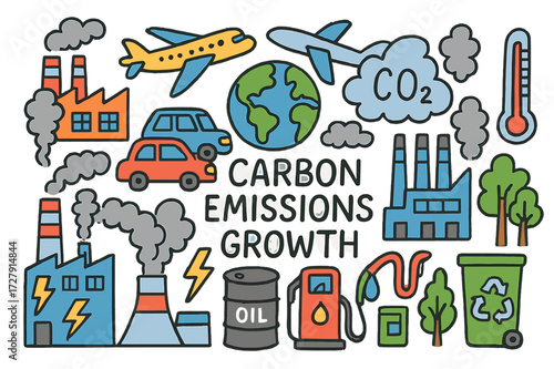 Carbon Emissions Doodle. Carbon emissions growth. Colorful Hand-drawn doodle Children illustration Factory, smokestacks, car, airplane, globe, CO2 cloud,