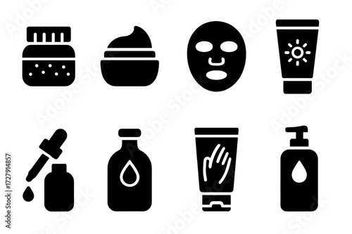 Balm Accessories Icons. Solid, filled icon set of balm related accessories: lip scrub, moisturizer, facial mask, sunscreen, essential oil, massage oil, hand