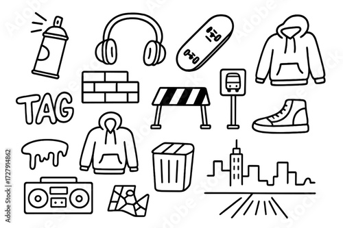 Urban Art Doodle. Hand-drawn doodle illustration [Urban art scene] [graffiti spray can, wall, headphones, skateboard, tag, hoodie, crosswalk, bus stop, trash