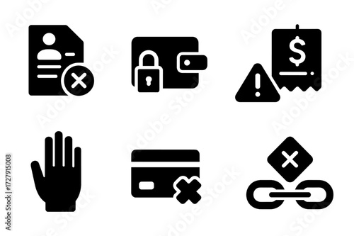 Credit Decline Icons. Solid, filled icon set of credit decline: rejected application, locked wallet, alert icon, unpaid invoice, stop hand, declined card,