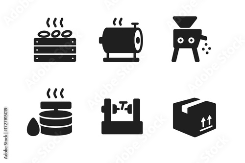Cocoa Processing Icons. Solid, filled icon set of cocoa processing: fermenting beans, roasting drum, winnowing machine, grinding stones, conching machine,