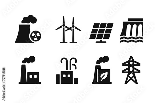 Energy Source Icons. Solid, filled icon set of power plants: nuclear reactor, wind farm, solar farm, hydro dam, thermal plant, geothermal plant, biomass plant,