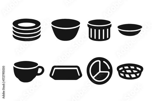 Black Dishware Icons. Solid, filled icon set of restaurant dishware: stack of plates, commercial bowl, ramekin, condiment dish, soup cup, metal tray, cafeteria