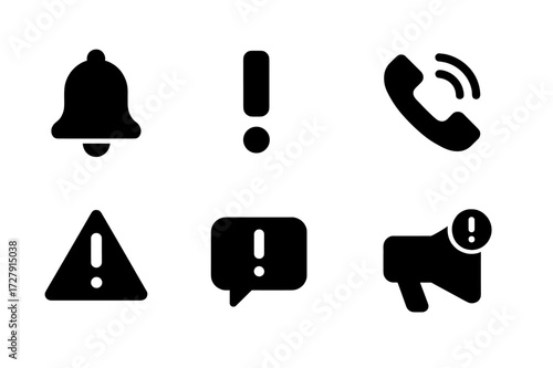 Communication Alert Icons. Solid, filled icon set of communication alerts: notification bell, exclamation mark, message alert, ringing phone, warning triangle,