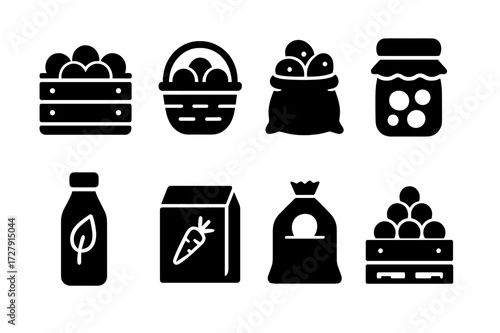 Farm Produce Icons. Solid, filled icon set of farm produce packaging: crates, baskets, sacks, jars, bottles, boxes, bags, pallets. [Line icons in only black