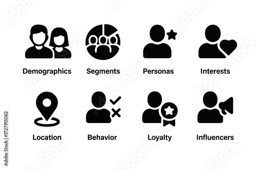 Campaign Audience Icons. Solid, filled icon set of campaign audience: demographics, segments, personas, interests, location, behavior, loyalty, influencers.