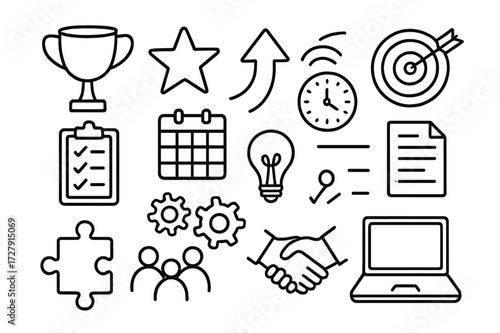 Goal Setting Icons. Hand-drawn doodle illustration goal setting trophy, star, arrow, target, checklist, clipboard, calendar, clock, document, puzzle piece,