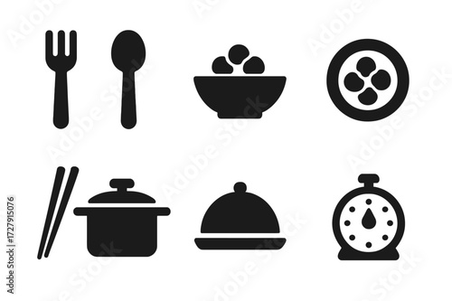 Chickpea Dish Utensils Icons. Solid, filled icon set of chickpea dishes utensils: fork, spoon, bowl, plate, chopsticks, cooking pot, serving tray, kitchen