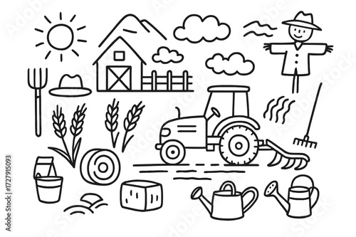 Farming Doodle Icons. Hand-drawn doodle illustration Tractor farming in fall, tractor, plow, wheat stalks, hay bales, barn, farmer hat, pitchfork, wheel