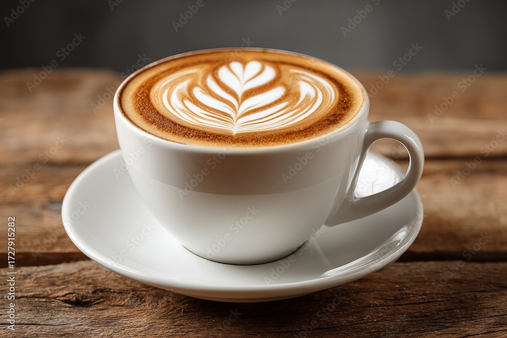 Fototapeta premium Cup of cappuccino with latte art on rustic wooden table