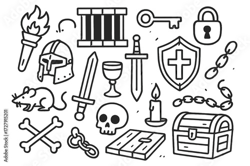Medieval Dungeon Icons. Hand-drawn doodle illustration medieval dungeon torch, barred window, key, lock, helmet, sword, shield, goblet, rat, skull, bones,