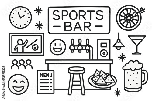 Sports Bar Icons. Hand-drawn doodle illustration [Sports bar night out] [bar counter, beer taps, sports screen, bar stool, menu board, nachos, mug, neon sign,