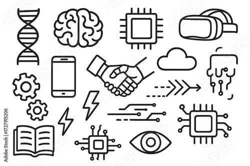 Digital Evolution Icons. Hand-drawn doodle illustration digital transformation DNA, brain, circuit chip, smartphone, computer, VR headset, cloud, robot hand,
