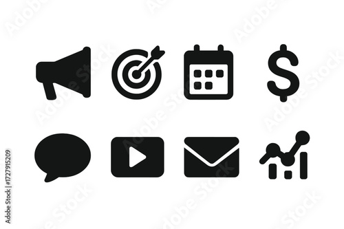 PR Campaign Icons. Solid, filled icon set of PR campaigns: megaphone, target, calendar, dollar sign, speech bubble, video play, email, analytics. [Line icons