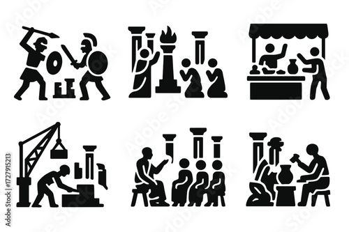 Ancient Ruins Icon Set. Solid, filled icon set of ancient ruins historical scenes: ancient battle, ritual ceremony, market scene, construction, storytelling,