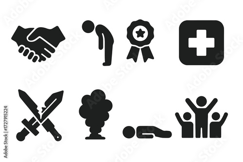 Duel Aftermath Icons. Solid, filled icon set of duel aftermath: handshake, bow, award, medic, broken sword, smoke, defeated opponent, crowd cheering. Solid,