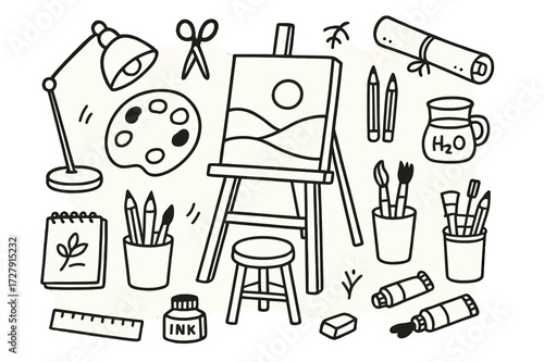 Cozy Artist's Studio Essentials. Hand-drawn doodle illustration Cozy artist's studio, easel, paintbrush, palette, canvas, sketchbook, pencils, ink bottle,