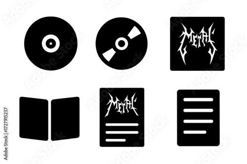 Metal Album Icons. Solid, filled icon set of metal album elements: vinyl record, CD, cassette tape, album cover, band logo, booklet, tour poster, setlist.