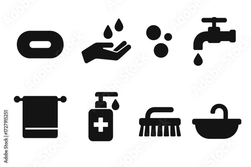 Hand Hygiene Icons. Solid, filled icon set of hand washing hygiene: soap bar, hand under water, lather, water tap, towel, sanitizer bottle, scrub brush, wash