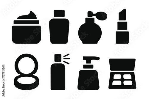 Cosmetic Icon Grid. Solid, filled icon set of cosmetic containers: cream jar, lotion bottle, perfume bottle, lipstick tube, makeup compact, spray bottle, pump