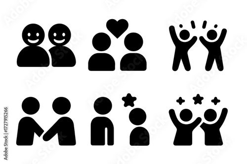 Duet Emotion Icons. Solid, filled icon set of duet emotions: joy, passion, excitement, connection, focus, confidence, teamwork, celebration. Solid, filled