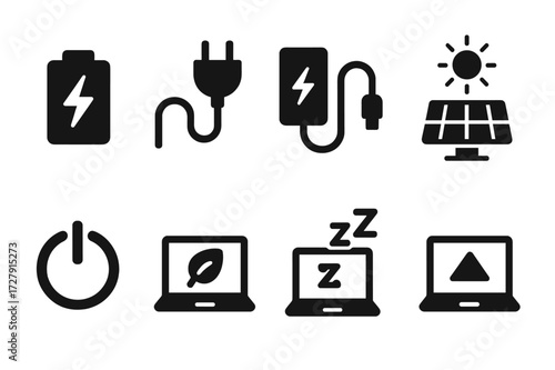 Laptop Power Icon Set. Solid, filled icon set of laptop power: battery, power cord, charger, solar power, power button, power saving mode, sleep