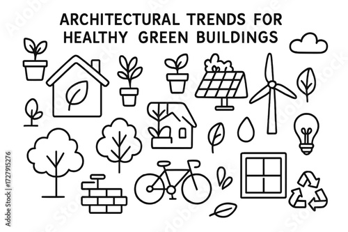 Eco-Friendly Doodle Icons. Hand-drawn doodle illustration Architectural trends for healthy, green buildings [eco house, solar panel, wind turbine, green roof,