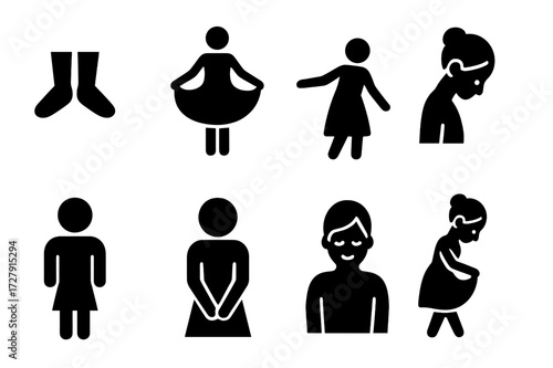 Curtsy Icon Set. Solid, filled icon set of curtsy body parts focus: feet placement, skirt lifting, arm movement, head bow, back straightening, hand position,