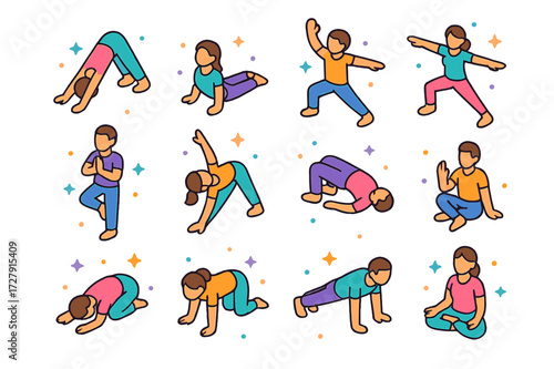 Colorful Yoga Icons. Yoga poses. Colorful isometric vector icons set of Yoga poses: downward dog, cobra pose, warrior I, warrior II, tree pose, triangle pose,