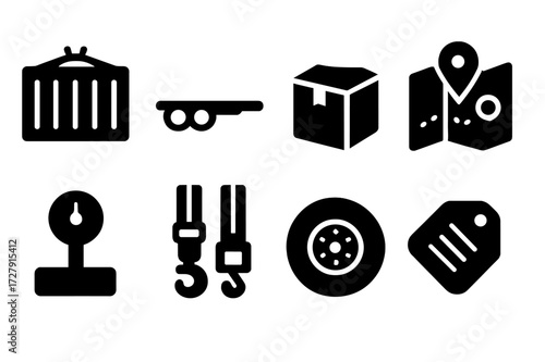 Ground Freight Icons. Solid, filled icon set of ground freight: shipping container, flatbed trailer, cargo box, logistics map, weight scale, cargo straps,