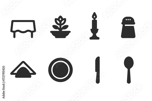 Dinner Table Icon Set. Solid, filled icon set of dinner table settings: tablecloth, centerpiece, candlestick, salt shaker, napkin holder, charger plate, bread