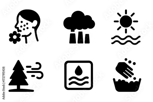 Dry Skin Triggers Icons. Solid, filled icon set of dry skin triggers: allergy, pollution, chlorine, heat, wind, dry air, harsh detergents, over-washing. Line