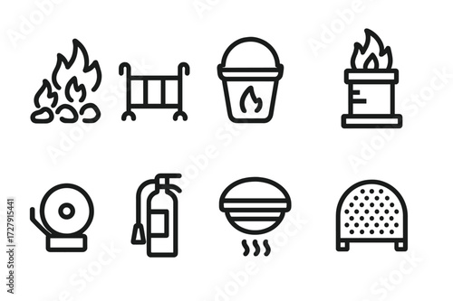 Fire Safety Icons. Solid, filled icon set of hearth and fire safety: burning embers, fireguard, ash bucket, chimney, fire alarm, extinguisher, smoke detector,