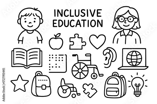 Inclusive Education Icons. Hand-drawn doodle illustration Child-centered inclusive education child, teacher, open book, apple, chalkboard, puzzle piece, heart,