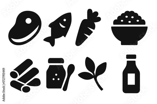 Main Course Icons. Solid, filled icon set of main course ingredients: meat, fish, vegetables, rice, pasta, spices, herbs, sauce. Solid, filled icons in only