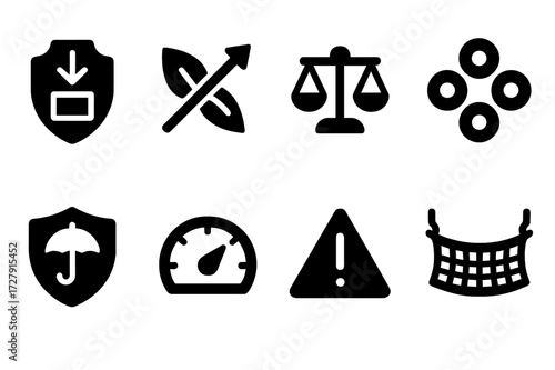 Stock Risk Icons. Solid, filled icon set of stock risk management: stop loss, hedge, portfolio balance, diversification, insurance, risk meter, warning sign,