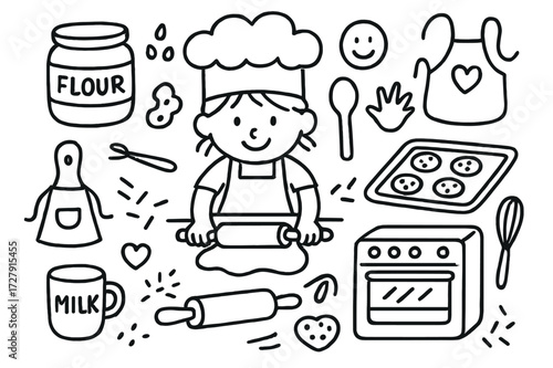 Kids Baking Fun. Hand-drawn doodle illustration Kids baking cookies [child chef hat, cookie dough, flour jar, rolling pin, chocolate chips, apron, smiley face,