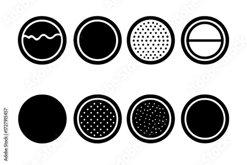 Drumhead Icons Grid. Solid, filled icon set of drum skin types: natural calfskin, synthetic mylar, coated drumhead, clear drumhead, black drumhead, mesh