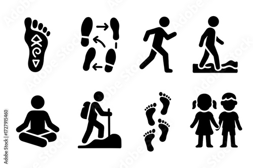 Barefoot Culture Icons. Solid, filled icon set of barefoot culture: tribal foot tattoo, dance steps, barefoot runner, beach walk, barefoot meditation, barefoot