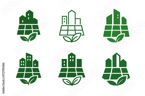Urban Sustainability Logos. Urban sustainability strategies. Set Logo of urban sustainability strategies: solar panel rooftops. harmonious logo variations of