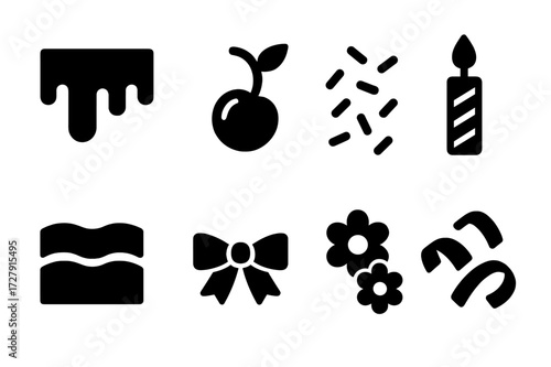 Cake Decoration Icons. Solid, filled icon set of cake decorations: icing, cherry, sprinkles, candle, fondant, ribbon, flowers, chocolate shavings. Solid,