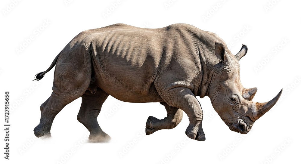 Fototapeta premium A rhinoceros runs on dirt against a white background.