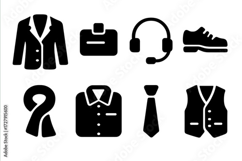 Host Attire Icons. Solid, filled icon set of host attire: blazer, name tag, headset, formal shoes, scarf, dress shirt, tie, host vest. Solid, filled icons in
