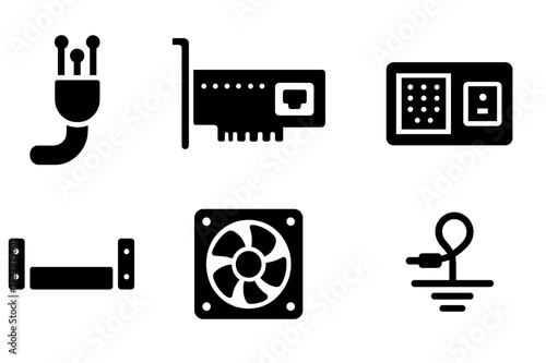 Network Components Icons. Solid, filled icon set of network infrastructure components: fiber optic cable, network card, patch panel, power supply, rack mount,